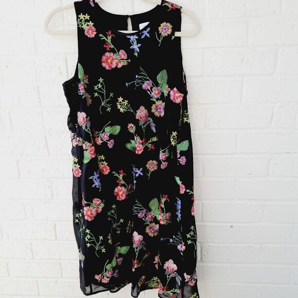 Calvin Klein Black Sheer Floral Embroidered Swing Sleeveless Dress Sz:12 - Picture 1 of 5